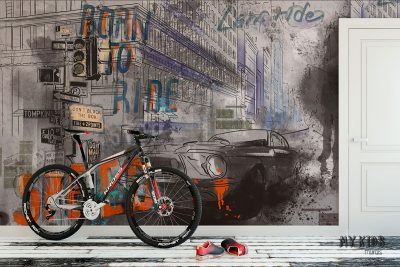 drawn pattern of car on city street, for boys youth room - children’s wall mural