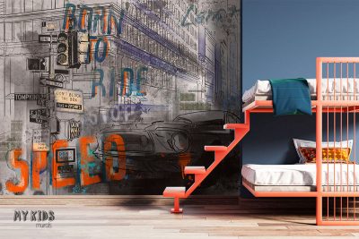 drawn pattern of car on city street, for boys youth room - children’s wall mural