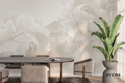 large, bright flowers in shades of white and cream, delicate floral pattern on light background - wall mural