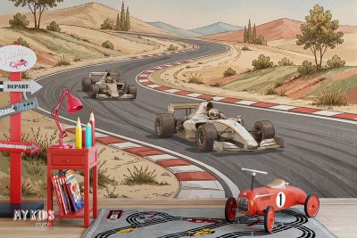 formula 1 cars racing on a track among the sands - children’s wall mural