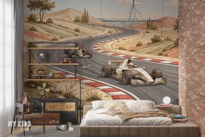 formula 1 cars racing on a track among the sands - children’s wall mural