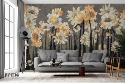 light flowers with dark stems on gray background - wall mural