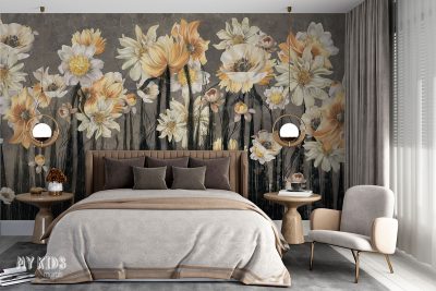 light flowers with dark stems on gray background - wall mural