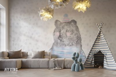 charming teddy bear in colorful hat and sweater against background of falling snowflakes - children’s wall mural