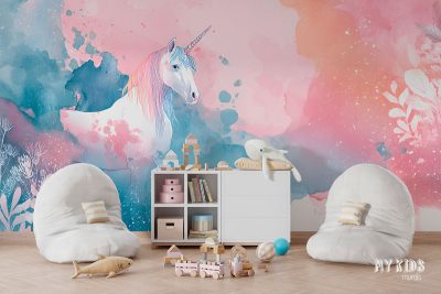 unicorn on pink and turquoise watercolor background - children’s wall mural