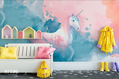 unicorn on pink and turquoise watercolor background - children’s wall mural