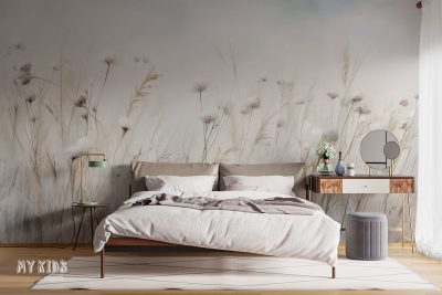 airy tall grasses in beige shades on light background - wall mural