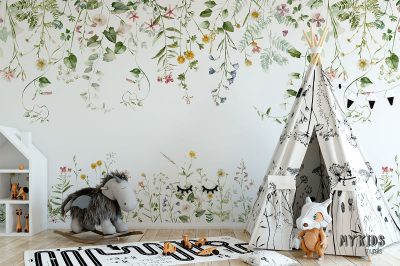 set of watercolor wildflowers in green - children’s wall mural