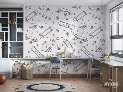 skateboard pattern with wheels and helmets on white background - children’s wall mural