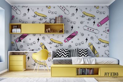 skateboard pattern with wheels and helmets on white background - children’s wall mural