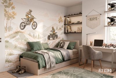 drawing of motocross bike and quad riding across hilly, wooded terrain - children’s wall mural
