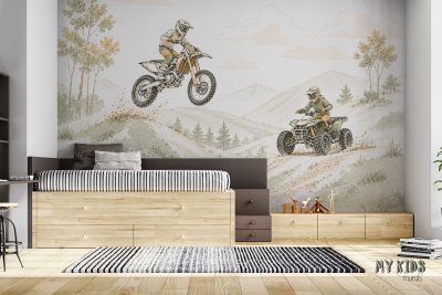 drawing of motocross bike and quad riding across hilly, wooded terrain - children’s wall mural